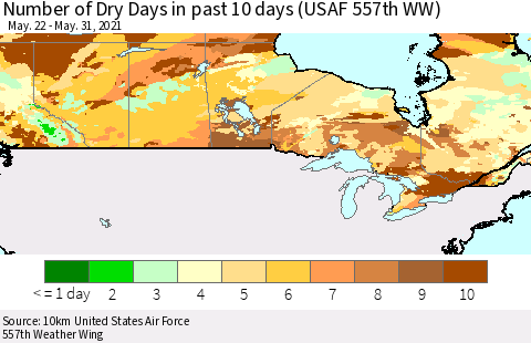 Canada Number of Dry Days in past 10 days (USAF 557th WW) Thematic Map For 5/26/2021 - 5/31/2021