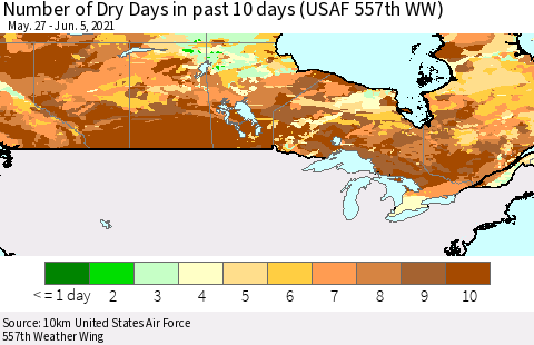 Canada Number of Dry Days in past 10 days (USAF 557th WW) Thematic Map For 6/1/2021 - 6/5/2021