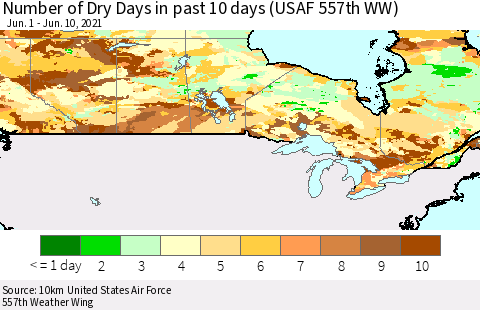 Canada Number of Dry Days in past 10 days (USAF 557th WW) Thematic Map For 6/6/2021 - 6/10/2021