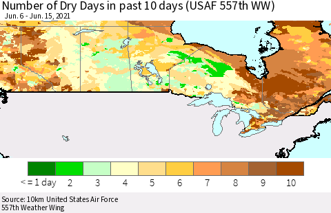 Canada Number of Dry Days in past 10 days (USAF 557th WW) Thematic Map For 6/11/2021 - 6/15/2021