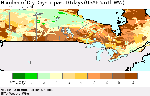 Canada Number of Dry Days in past 10 days (USAF 557th WW) Thematic Map For 6/16/2021 - 6/20/2021