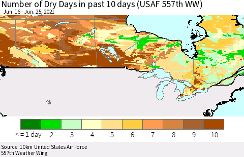 Canada Number of Dry Days in past 10 days (USAF 557th WW) Thematic Map For 6/21/2021 - 6/25/2021
