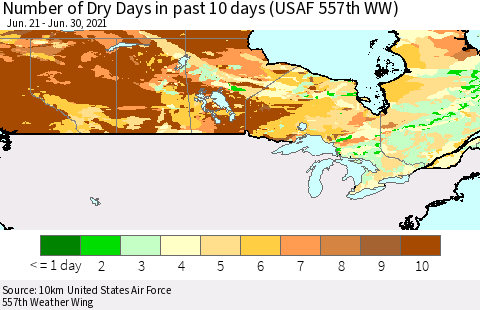 Canada Number of Dry Days in past 10 days (USAF 557th WW) Thematic Map For 6/26/2021 - 6/30/2021