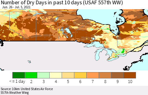 Canada Number of Dry Days in past 10 days (USAF 557th WW) Thematic Map For 7/1/2021 - 7/5/2021