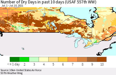 Canada Number of Dry Days in past 10 days (USAF 557th WW) Thematic Map For 7/6/2021 - 7/10/2021