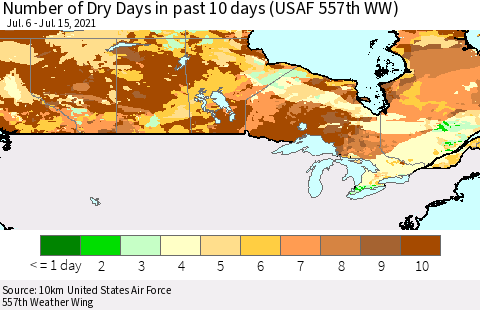Canada Number of Dry Days in past 10 days (USAF 557th WW) Thematic Map For 7/11/2021 - 7/15/2021