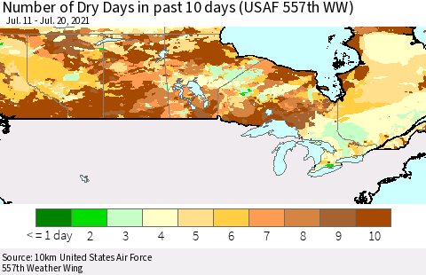 Canada Number of Dry Days in past 10 days (USAF 557th WW) Thematic Map For 7/16/2021 - 7/20/2021