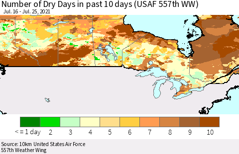 Canada Number of Dry Days in past 10 days (USAF 557th WW) Thematic Map For 7/21/2021 - 7/25/2021