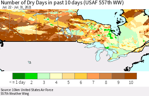Canada Number of Dry Days in past 10 days (USAF 557th WW) Thematic Map For 7/26/2021 - 7/31/2021
