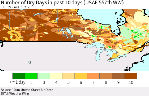 Canada Number of Dry Days in past 10 days (USAF 557th WW) Thematic Map For 8/1/2021 - 8/5/2021