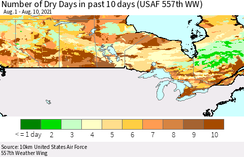 Canada Number of Dry Days in past 10 days (USAF 557th WW) Thematic Map For 8/6/2021 - 8/10/2021