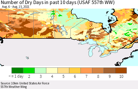 Canada Number of Dry Days in past 10 days (USAF 557th WW) Thematic Map For 8/11/2021 - 8/15/2021