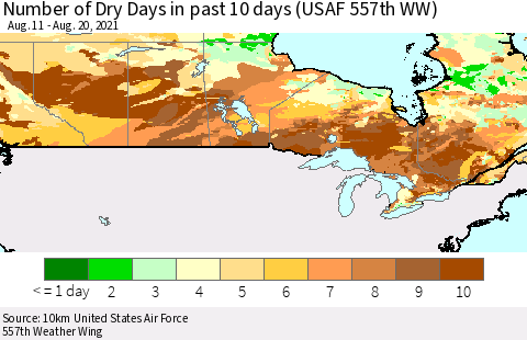 Canada Number of Dry Days in past 10 days (USAF 557th WW) Thematic Map For 8/16/2021 - 8/20/2021
