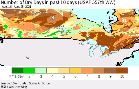 Canada Number of Dry Days in past 10 days (USAF 557th WW) Thematic Map For 8/21/2021 - 8/25/2021