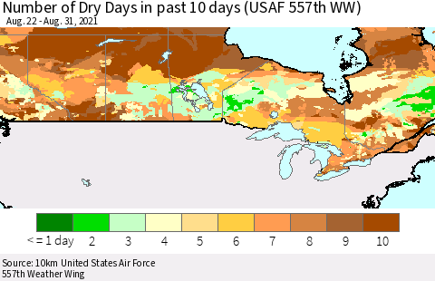 Canada Number of Dry Days in past 10 days (USAF 557th WW) Thematic Map For 8/26/2021 - 8/31/2021