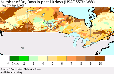 Canada Number of Dry Days in past 10 days (USAF 557th WW) Thematic Map For 9/1/2021 - 9/5/2021
