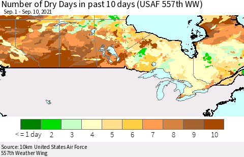 Canada Number of Dry Days in past 10 days (USAF 557th WW) Thematic Map For 9/6/2021 - 9/10/2021