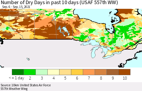 Canada Number of Dry Days in past 10 days (USAF 557th WW) Thematic Map For 9/11/2021 - 9/15/2021