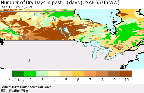 Canada Number of Dry Days in past 10 days (USAF 557th WW) Thematic Map For 9/16/2021 - 9/20/2021