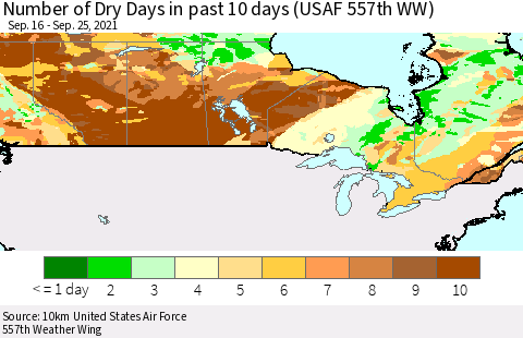 Canada Number of Dry Days in past 10 days (USAF 557th WW) Thematic Map For 9/21/2021 - 9/25/2021