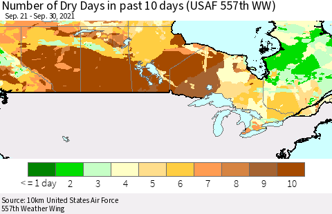 Canada Number of Dry Days in past 10 days (USAF 557th WW) Thematic Map For 9/26/2021 - 9/30/2021