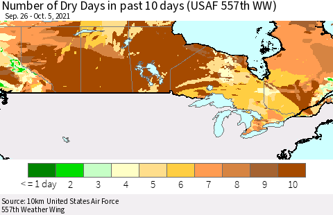 Canada Number of Dry Days in past 10 days (USAF 557th WW) Thematic Map For 10/1/2021 - 10/5/2021