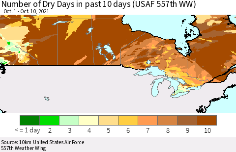 Canada Number of Dry Days in past 10 days (USAF 557th WW) Thematic Map For 10/6/2021 - 10/10/2021