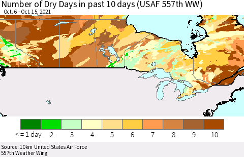 Canada Number of Dry Days in past 10 days (USAF 557th WW) Thematic Map For 10/11/2021 - 10/15/2021