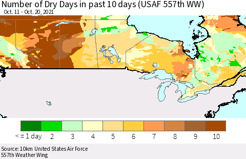 Canada Number of Dry Days in past 10 days (USAF 557th WW) Thematic Map For 10/16/2021 - 10/20/2021