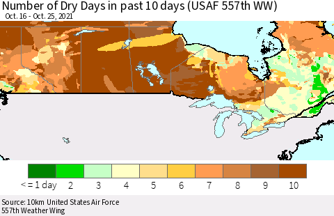 Canada Number of Dry Days in past 10 days (USAF 557th WW) Thematic Map For 10/21/2021 - 10/25/2021