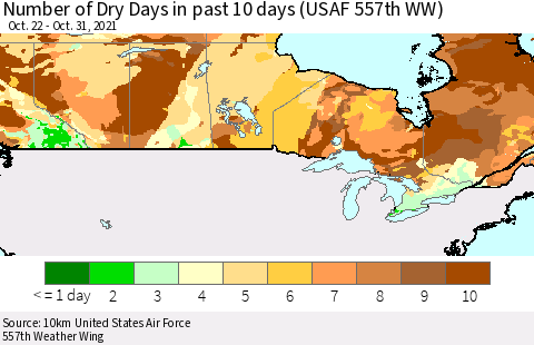 Canada Number of Dry Days in past 10 days (USAF 557th WW) Thematic Map For 10/26/2021 - 10/31/2021