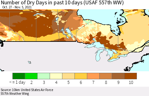 Canada Number of Dry Days in past 10 days (USAF 557th WW) Thematic Map For 11/1/2021 - 11/5/2021