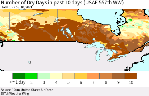 Canada Number of Dry Days in past 10 days (USAF 557th WW) Thematic Map For 11/6/2021 - 11/10/2021