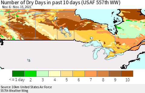 Canada Number of Dry Days in past 10 days (USAF 557th WW) Thematic Map For 11/11/2021 - 11/15/2021