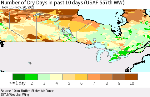 Canada Number of Dry Days in past 10 days (USAF 557th WW) Thematic Map For 11/16/2021 - 11/20/2021