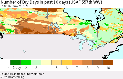 Canada Number of Dry Days in past 10 days (USAF 557th WW) Thematic Map For 11/21/2021 - 11/25/2021