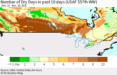 Canada Number of Dry Days in past 10 days (USAF 557th WW) Thematic Map For 11/26/2021 - 11/30/2021