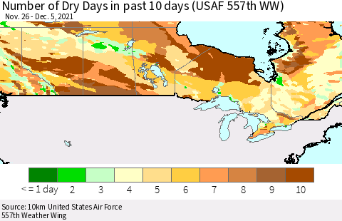 Canada Number of Dry Days in past 10 days (USAF 557th WW) Thematic Map For 12/1/2021 - 12/5/2021