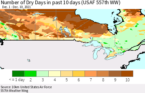 Canada Number of Dry Days in past 10 days (USAF 557th WW) Thematic Map For 12/6/2021 - 12/10/2021