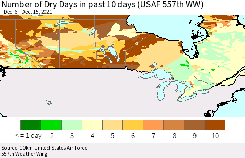 Canada Number of Dry Days in past 10 days (USAF 557th WW) Thematic Map For 12/11/2021 - 12/15/2021