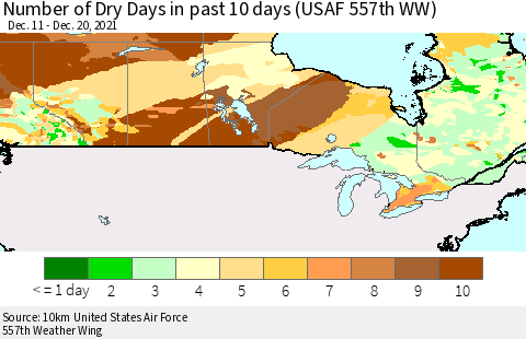 Canada Number of Dry Days in past 10 days (USAF 557th WW) Thematic Map For 12/16/2021 - 12/20/2021