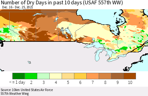 Canada Number of Dry Days in past 10 days (USAF 557th WW) Thematic Map For 12/21/2021 - 12/25/2021