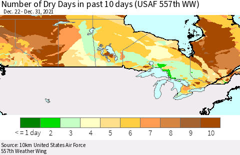 Canada Number of Dry Days in past 10 days (USAF 557th WW) Thematic Map For 12/26/2021 - 12/31/2021