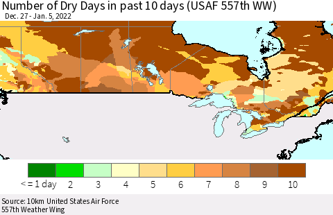 Canada Number of Dry Days in past 10 days (USAF 557th WW) Thematic Map For 1/1/2022 - 1/5/2022