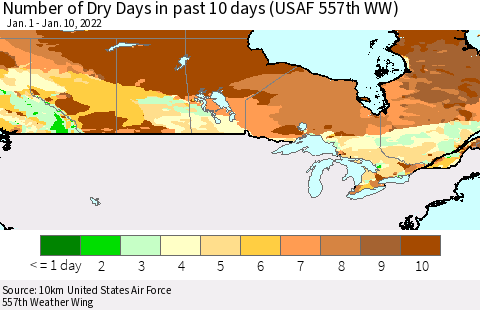 Canada Number of Dry Days in past 10 days (USAF 557th WW) Thematic Map For 1/6/2022 - 1/10/2022
