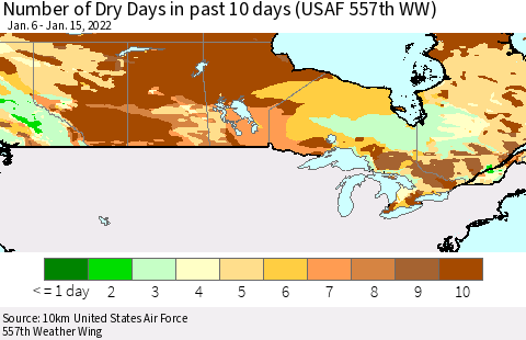 Canada Number of Dry Days in past 10 days (USAF 557th WW) Thematic Map For 1/11/2022 - 1/15/2022