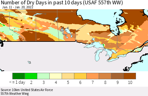 Canada Number of Dry Days in past 10 days (USAF 557th WW) Thematic Map For 1/16/2022 - 1/20/2022