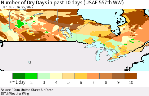 Canada Number of Dry Days in past 10 days (USAF 557th WW) Thematic Map For 1/21/2022 - 1/25/2022