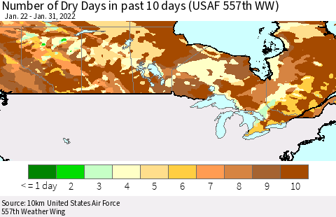 Canada Number of Dry Days in past 10 days (USAF 557th WW) Thematic Map For 1/26/2022 - 1/31/2022