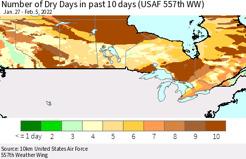 Canada Number of Dry Days in past 10 days (USAF 557th WW) Thematic Map For 2/1/2022 - 2/5/2022